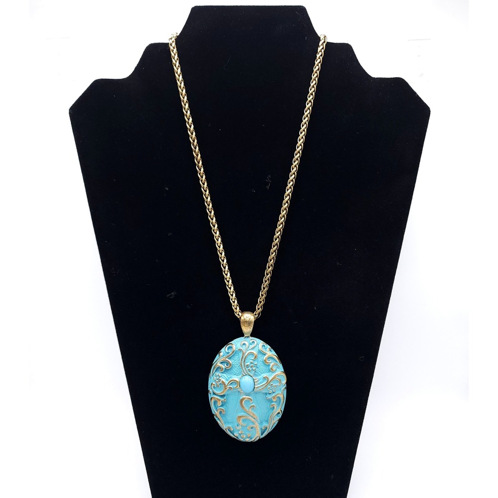 Turquoise Blue Filigree Pendant Necklace Gold Tone 18-21in